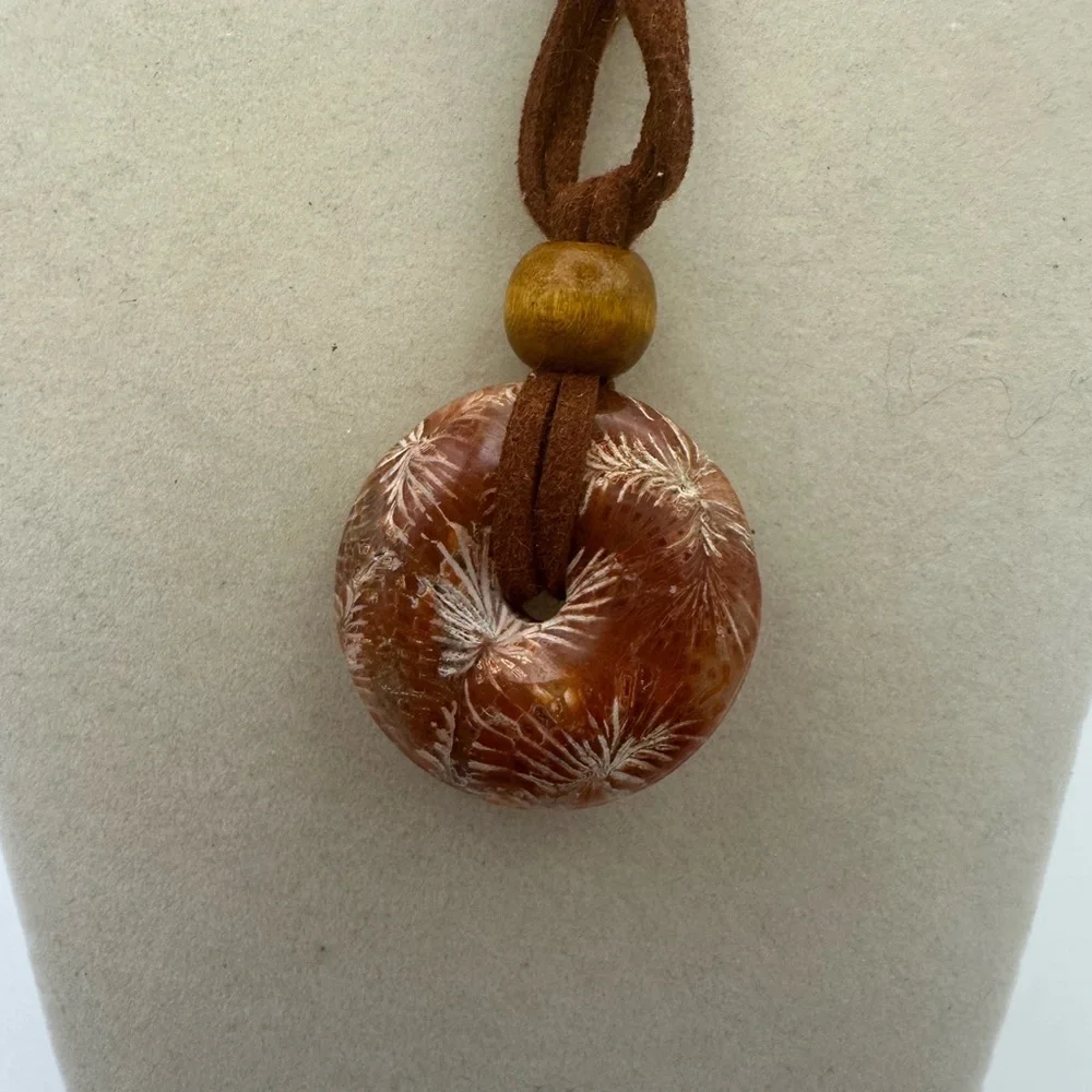 Coral Fossil Jade Donut Pendant Necklace - Picture 4 of 10